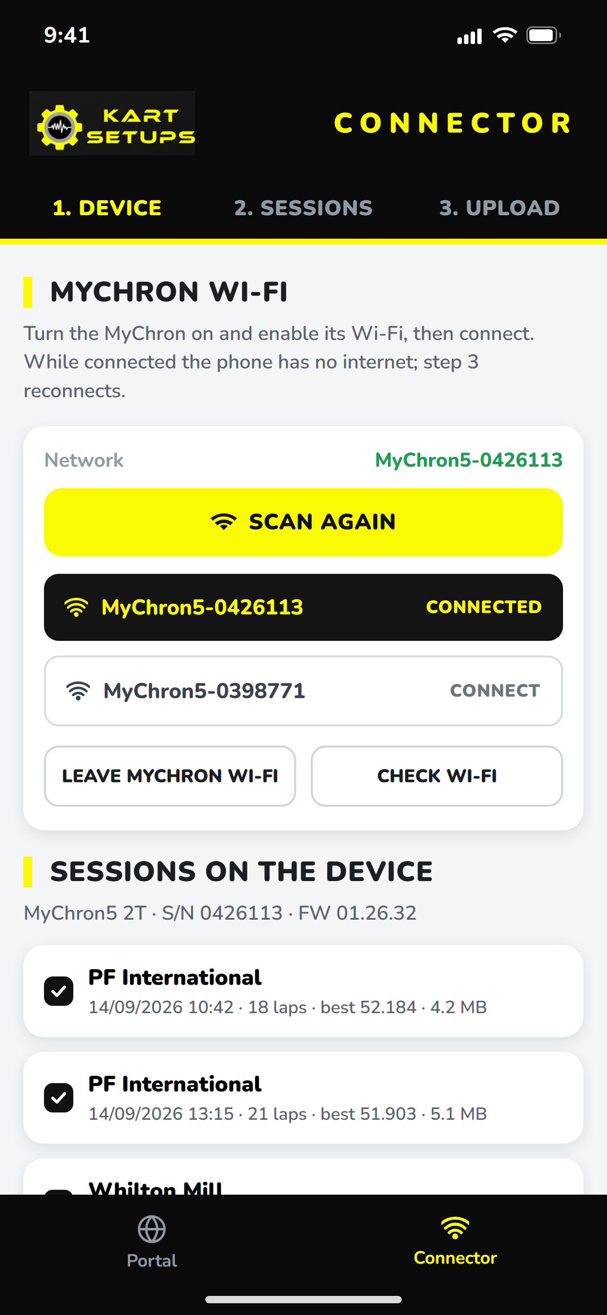 KartSetups Connector connecting to a MyChron over Wi-Fi
