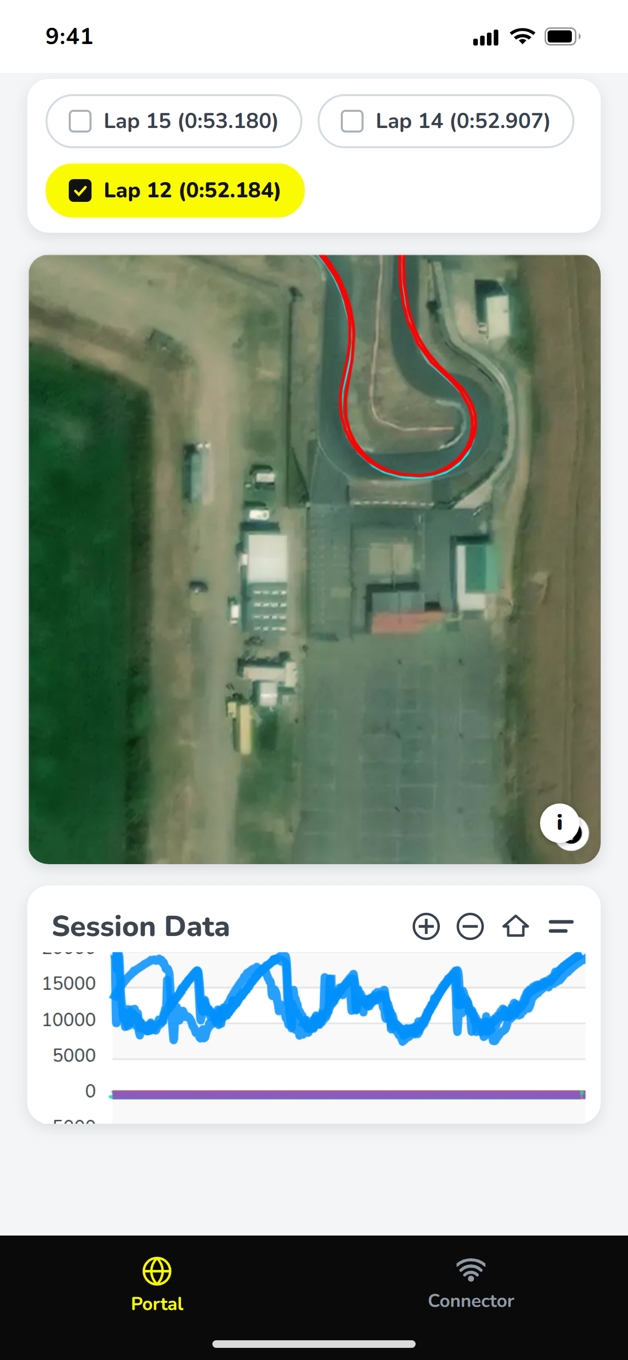 Lap comparison on a satellite track map with telemetry graph