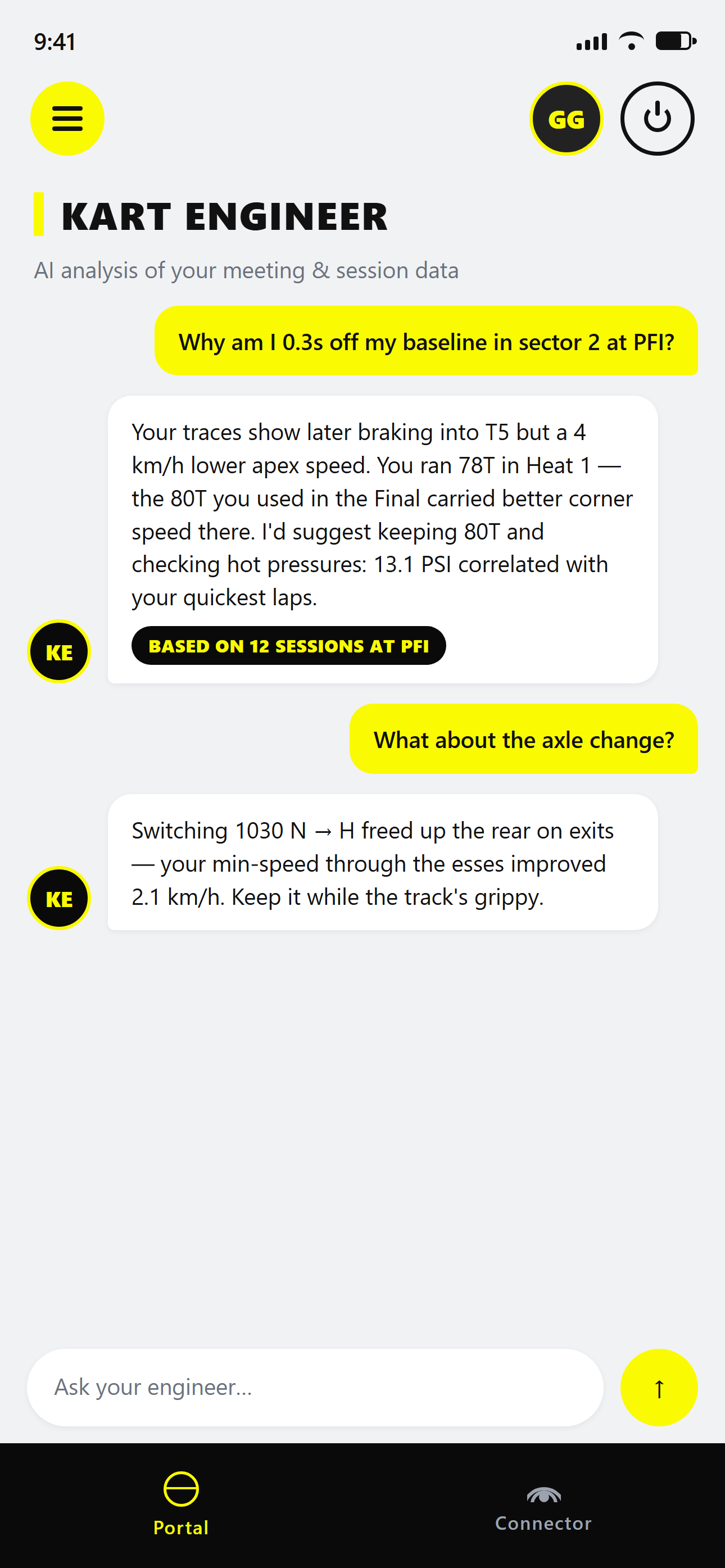 Kart Engineer AI chat answering setup questions from session data