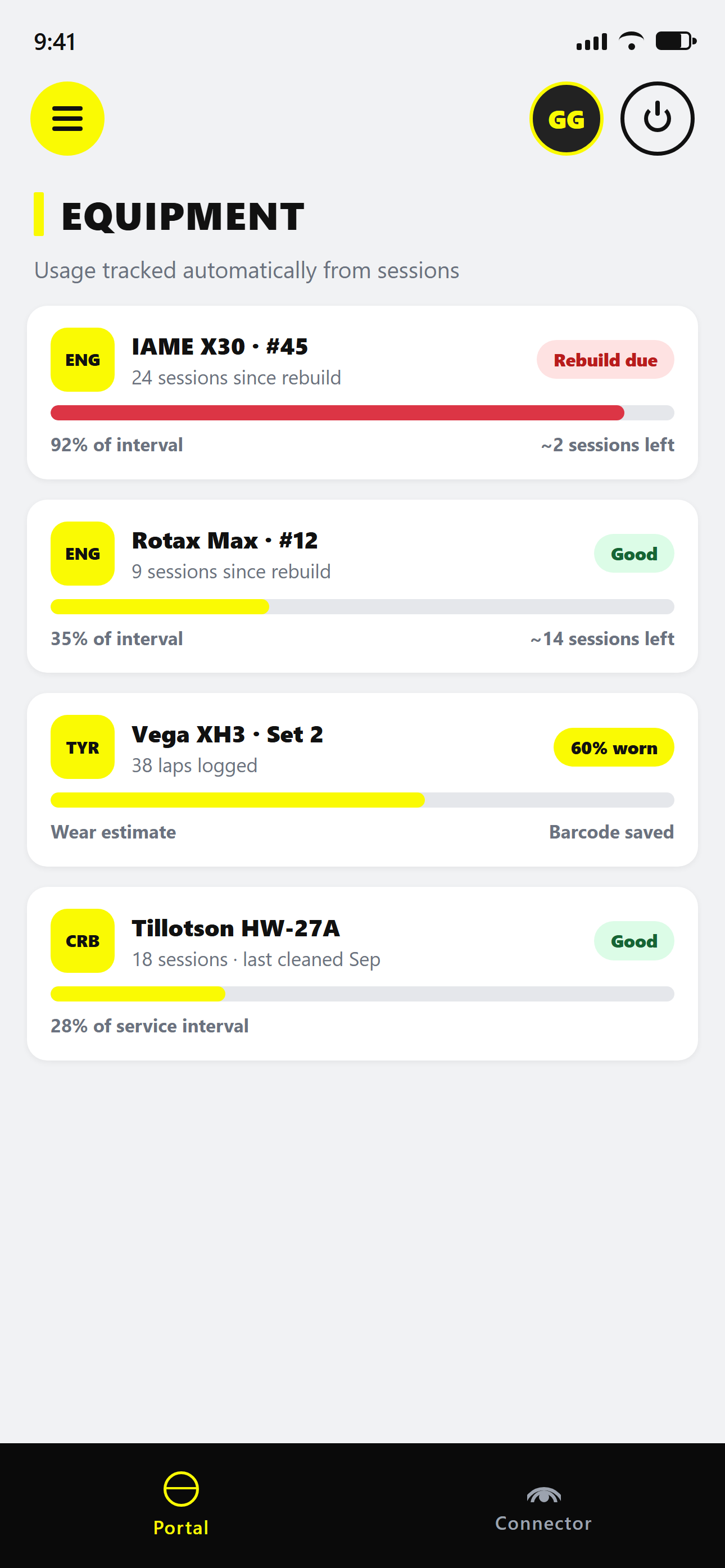 Equipment tracking showing engine rebuild and tyre wear intervals